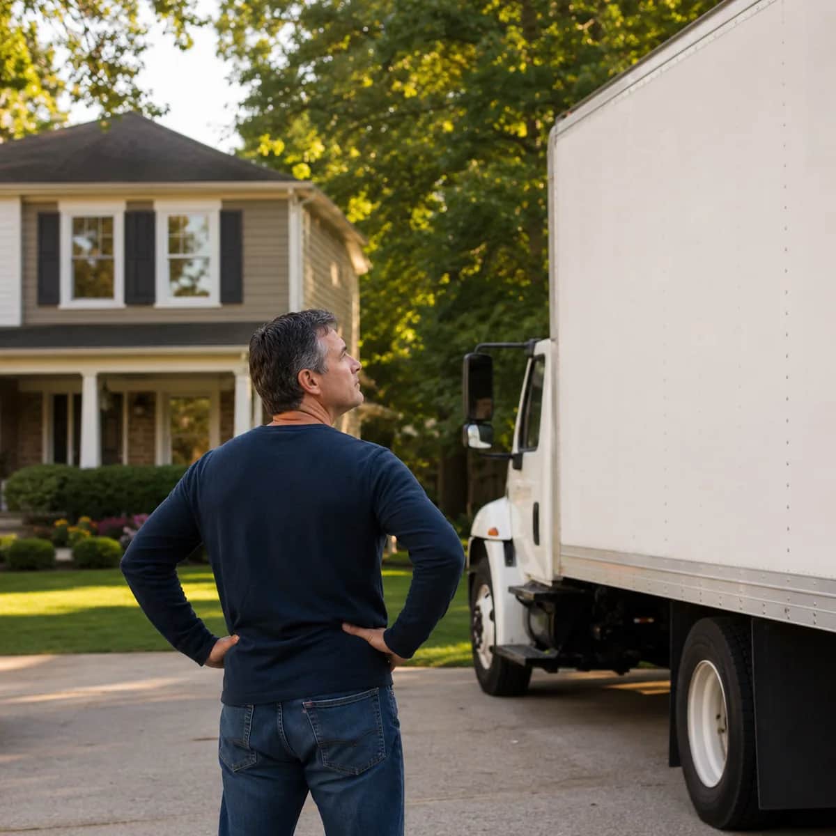 Homeowner standing in a suburban driveway evaluating a large generic moving truck
