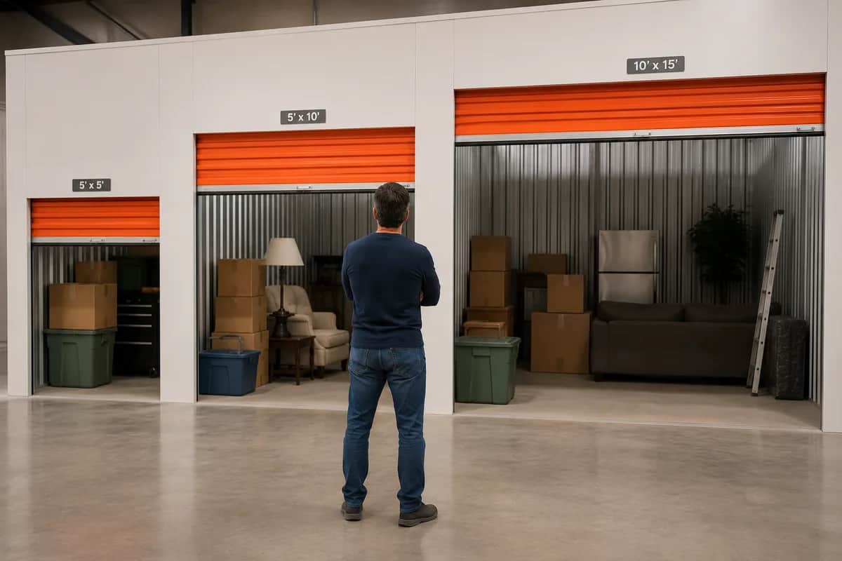 Person standing in front of three open storage unit doors of different sizes