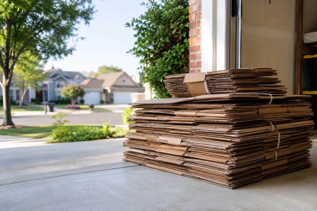 Stack of flattened empty moving boxes outside a suburban garage for recycling