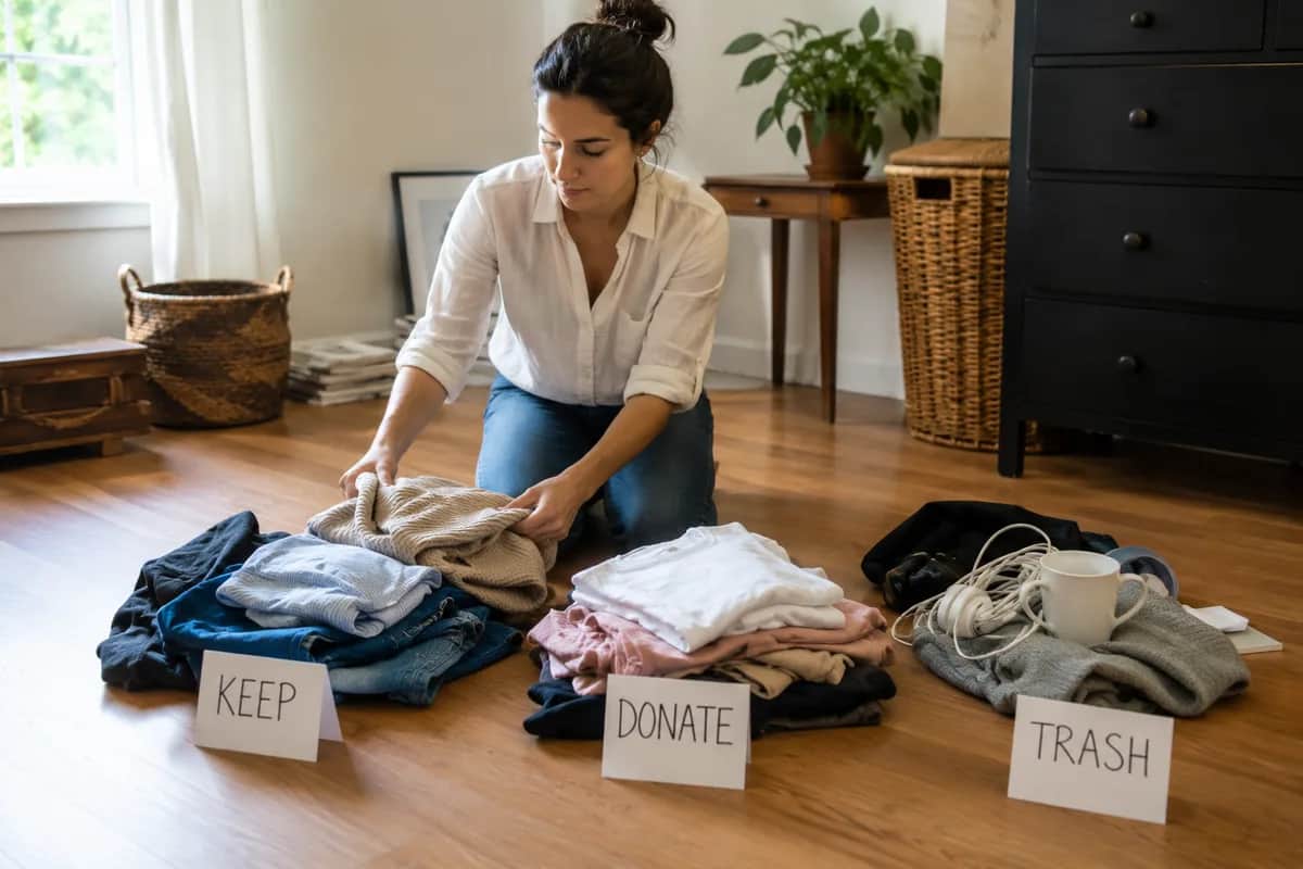 Person kneeling on a hardwood floor sorting household items into keep, donate, and trash piles