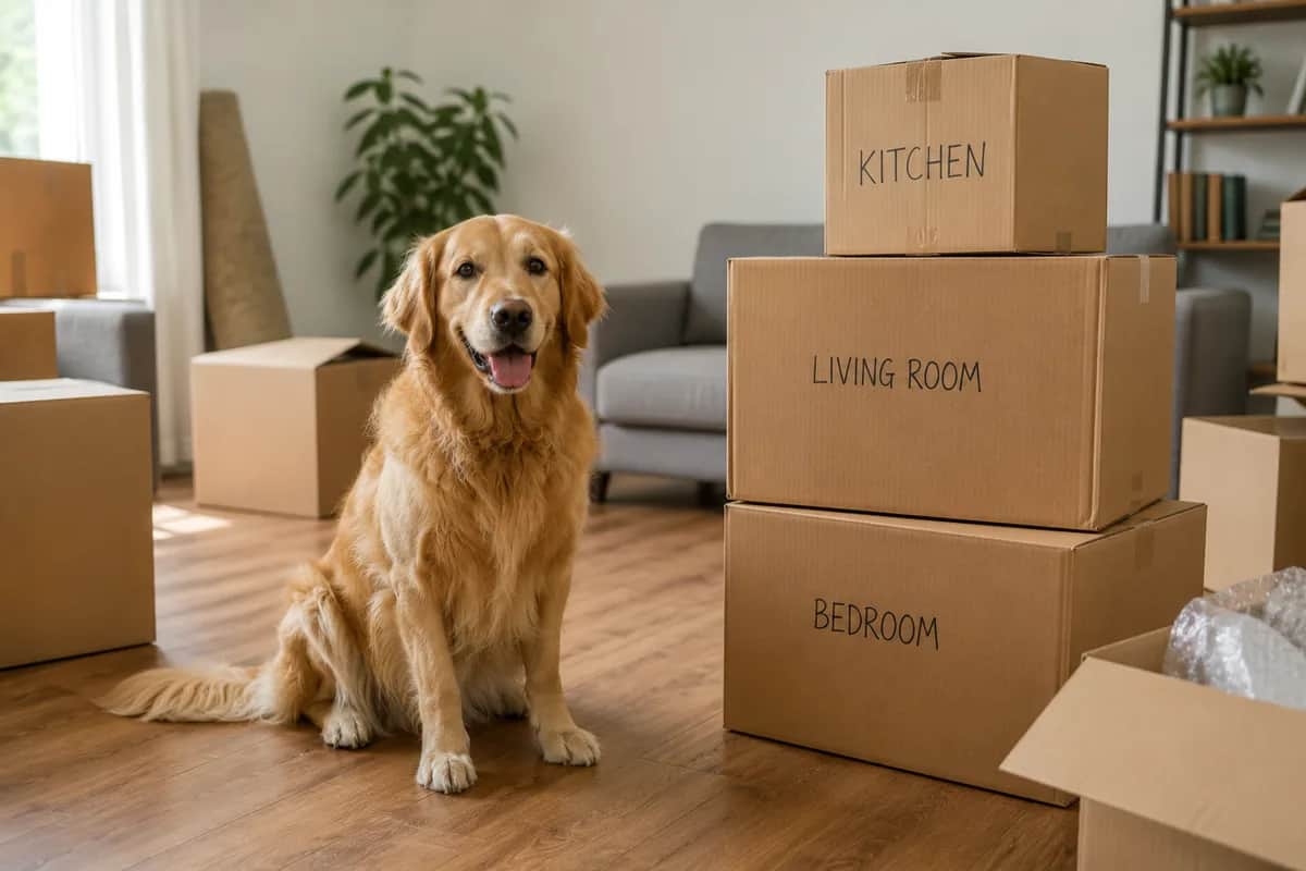Friendly golden retriever sitting calmly next to a stack of moving boxes