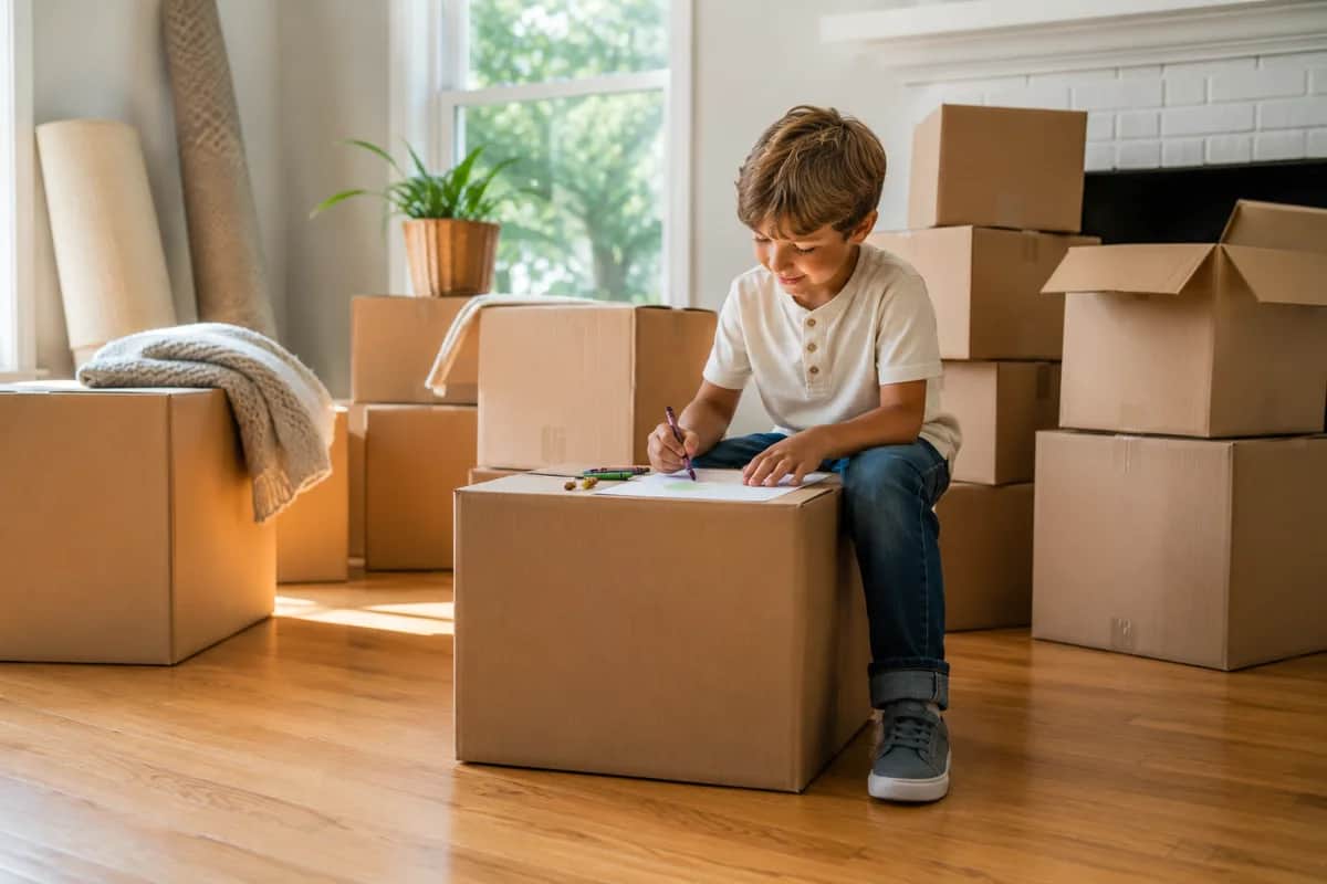 Young child sitting on a moving box drawing with crayons, surrounded by packed boxes