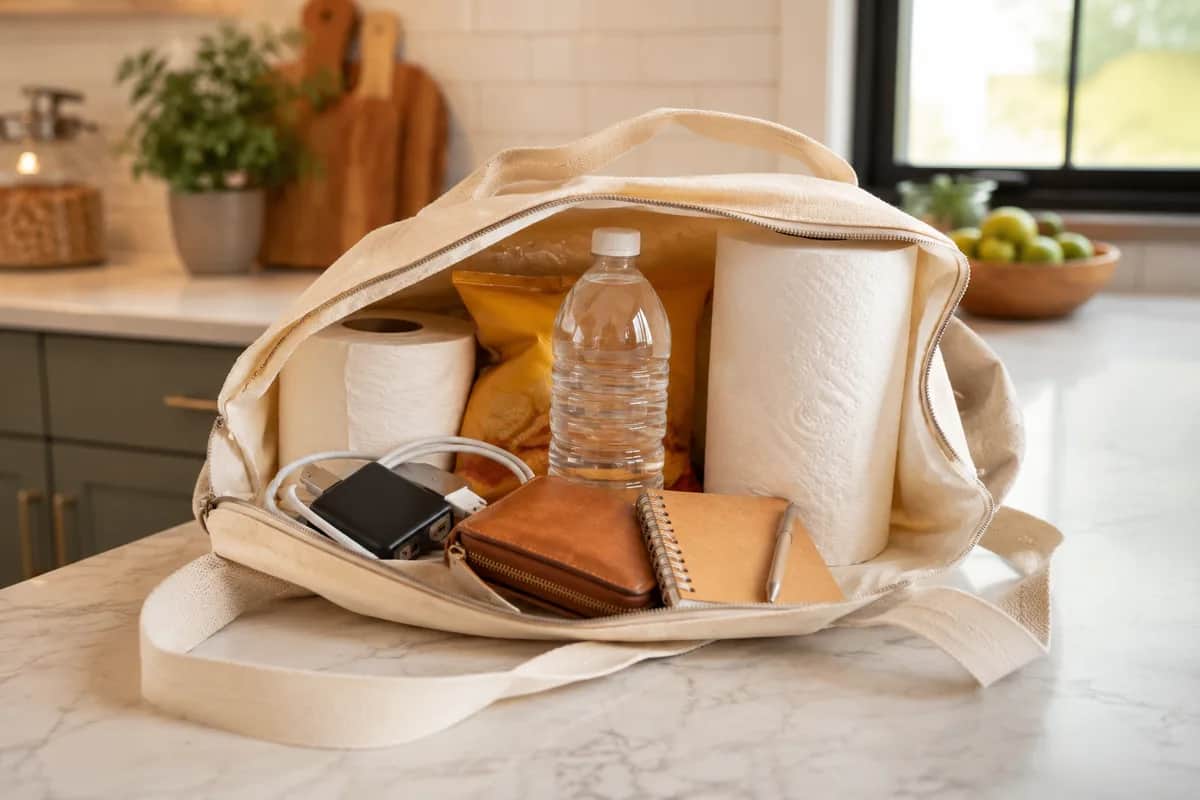 Canvas tote bag on a kitchen counter holding phone charger, snacks, water, and paper towels