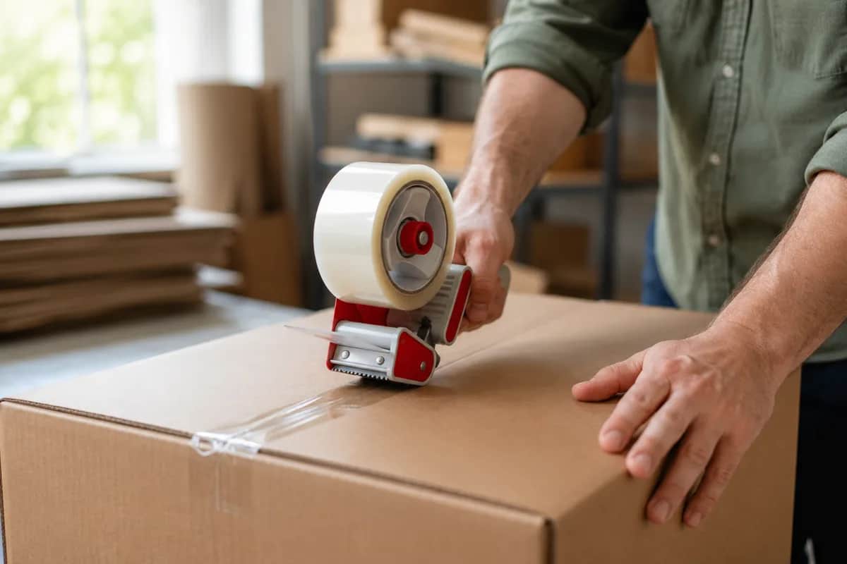 Close-up of hands using a packing tape gun to seal the top of a moving box