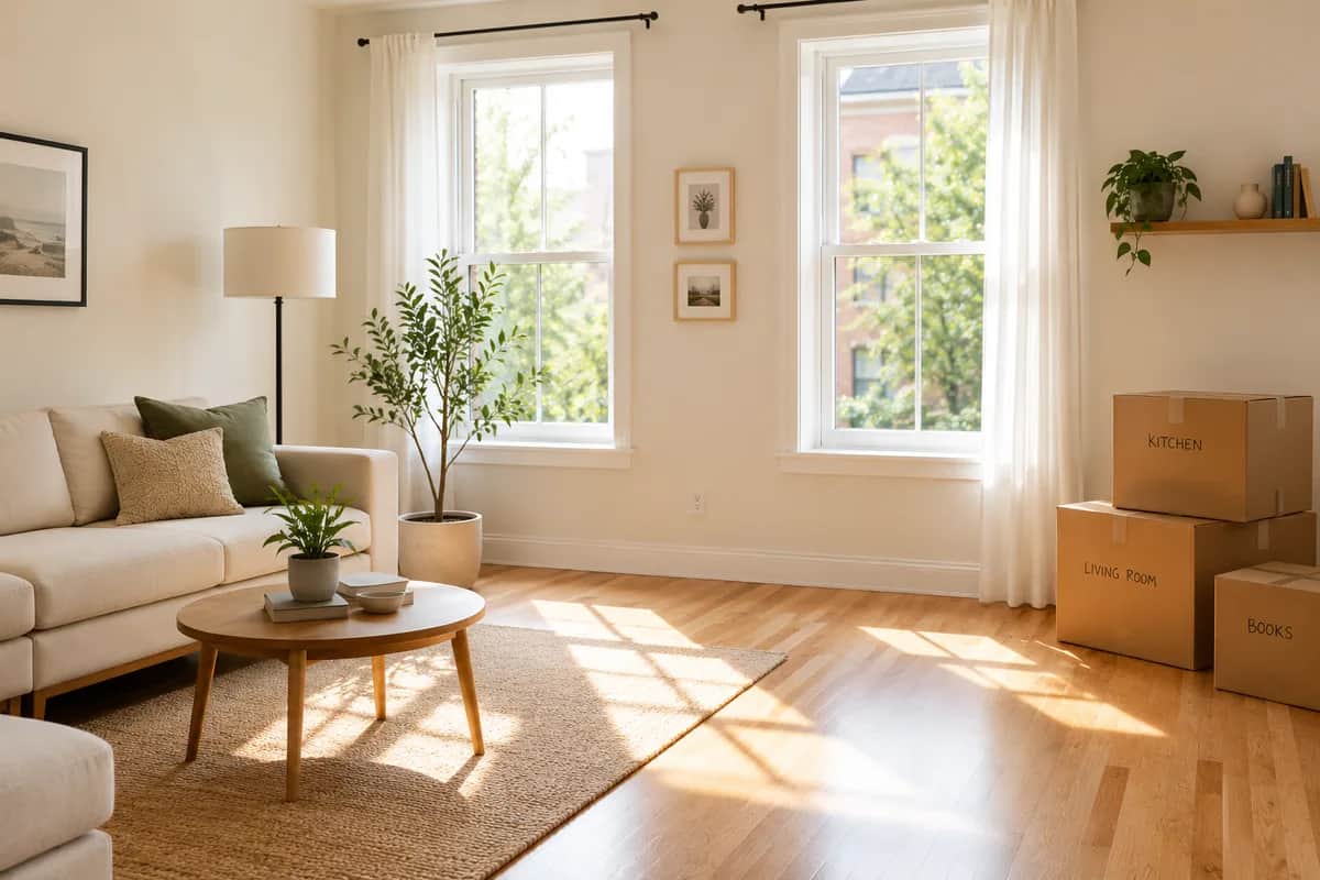 Tidy minimalist living room with a few furniture pieces and a stack of labeled boxes in a corner
