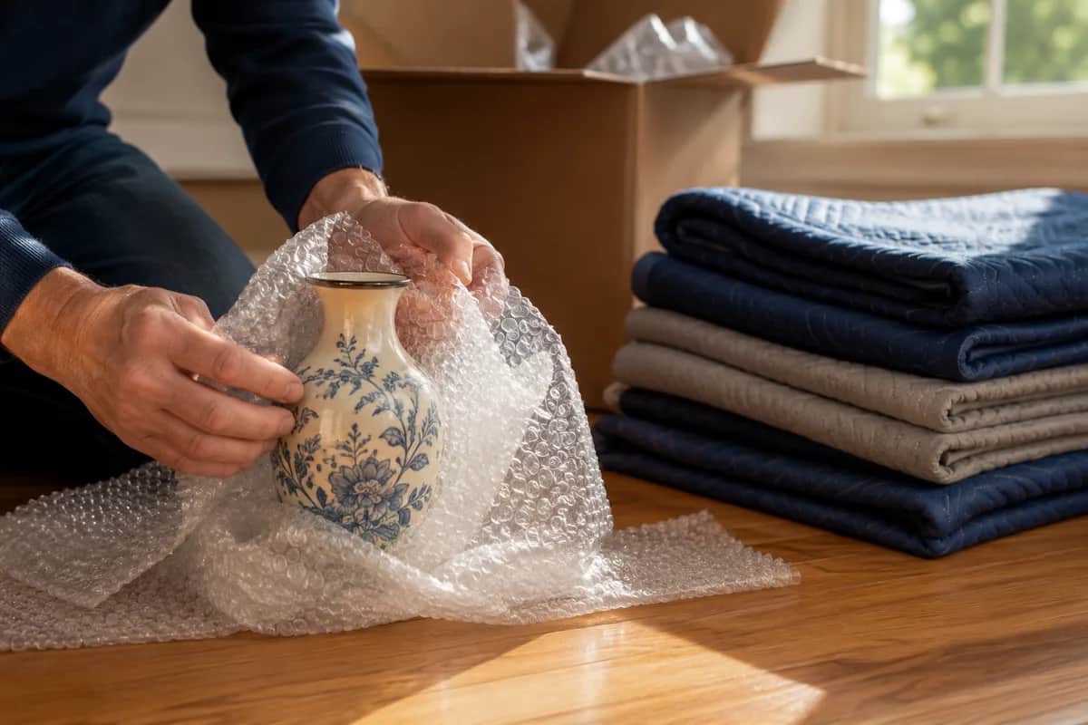 Hands carefully wrapping a vintage ceramic vase in bubble wrap with moving blankets nearby