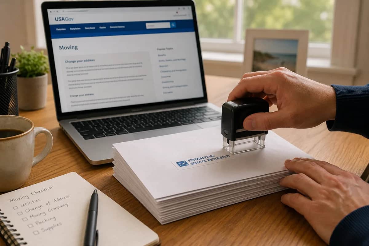 Hand stamping a stack of envelopes with a forwarding address sticker at a tidy desk
