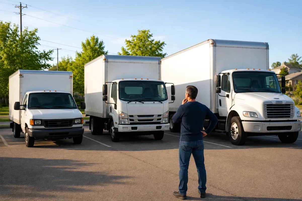 Three moving trucks of different sizes parked in a row in a rental lot