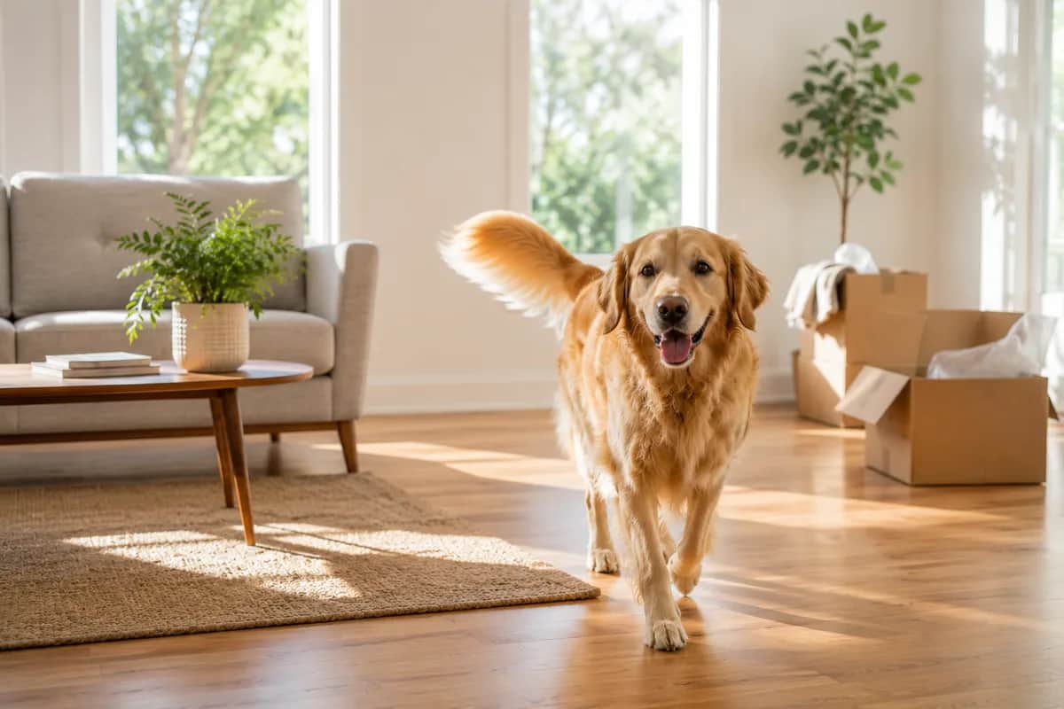 Happy dog exploring a bright sunny new living room with a few unpacked boxes in the background