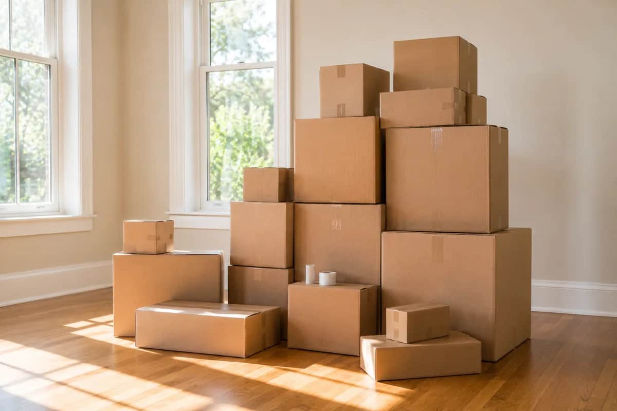 Organized stack of various-sized cardboard moving boxes arranged in a sunlit empty room
