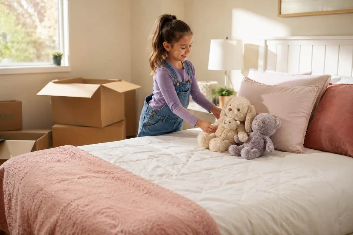 Child happily arranging stuffed animals on a freshly made bed in a new bright bedroom