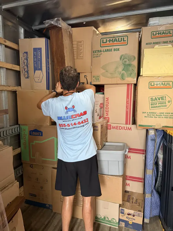 Moving in Bethesda. Blue Crab crew loading a downtown Bethesda high-rise on move day.