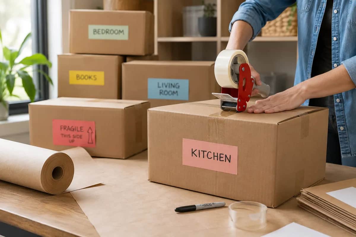Hands sealing a moving box with a tape gun next to several other neatly labeled boxes