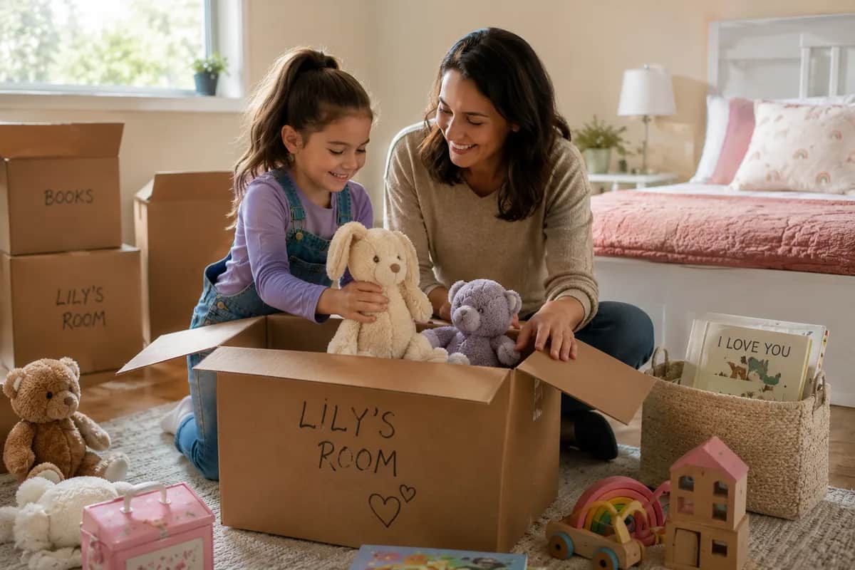 Parent and a young child packing stuffed animals into a moving box in a bedroom