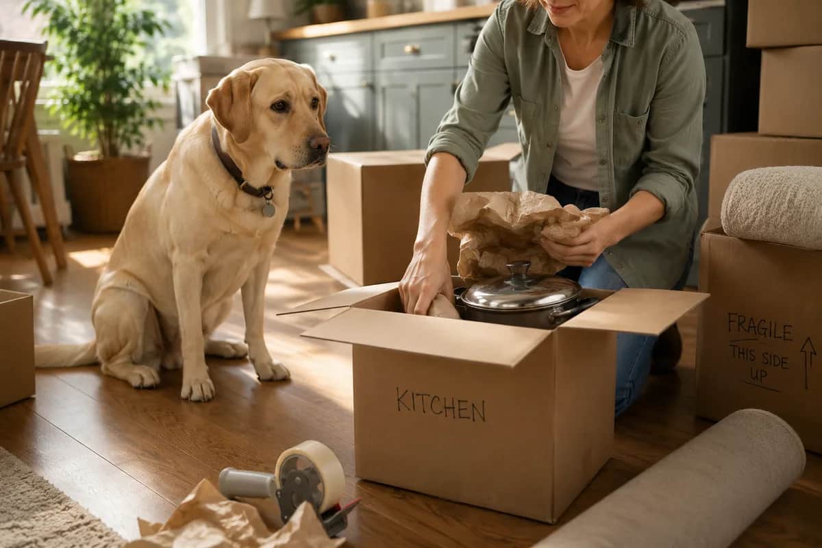Curious labrador retriever sitting calmly beside a person packing a kitchen box on the floor