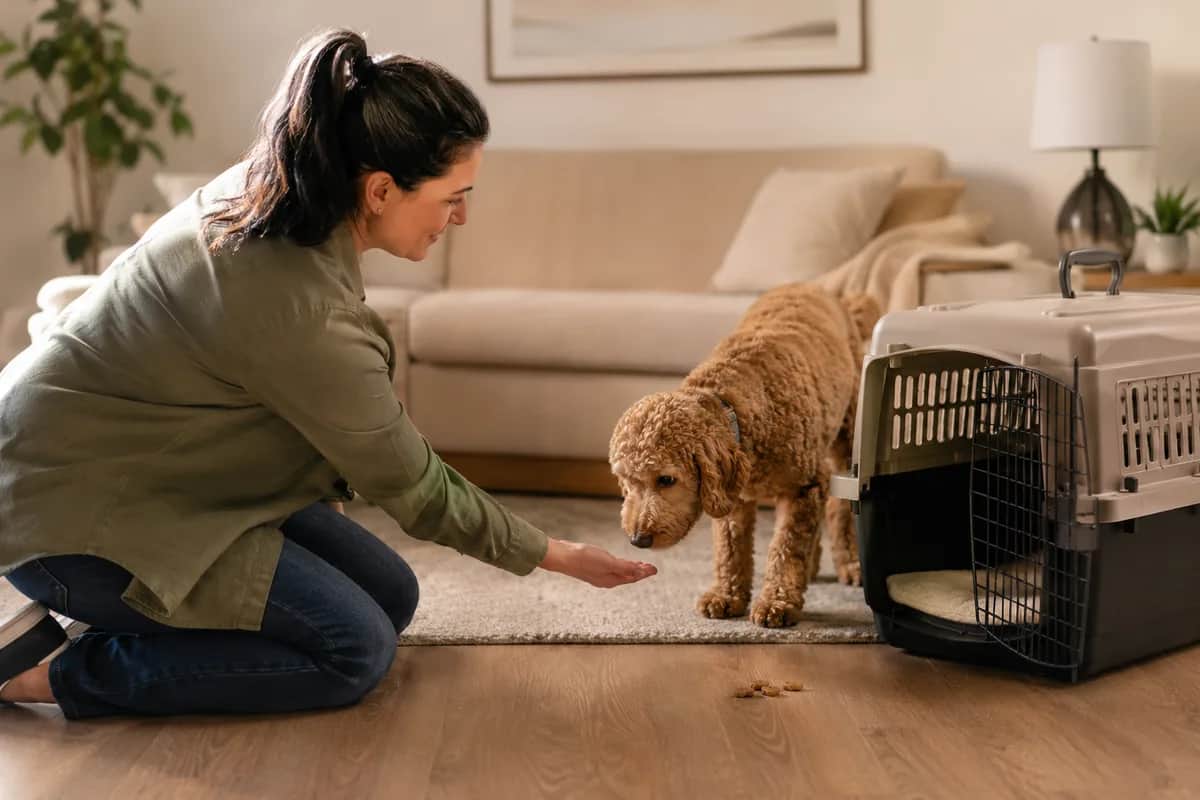 Person kneeling on the floor introducing a friendly dog to an open travel crate with treats nearby
