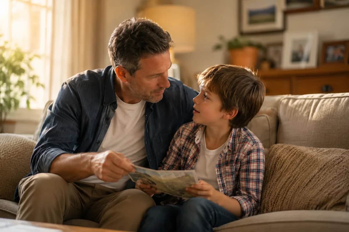 Parent and child sitting together on a couch having a calm conversation while looking at a map