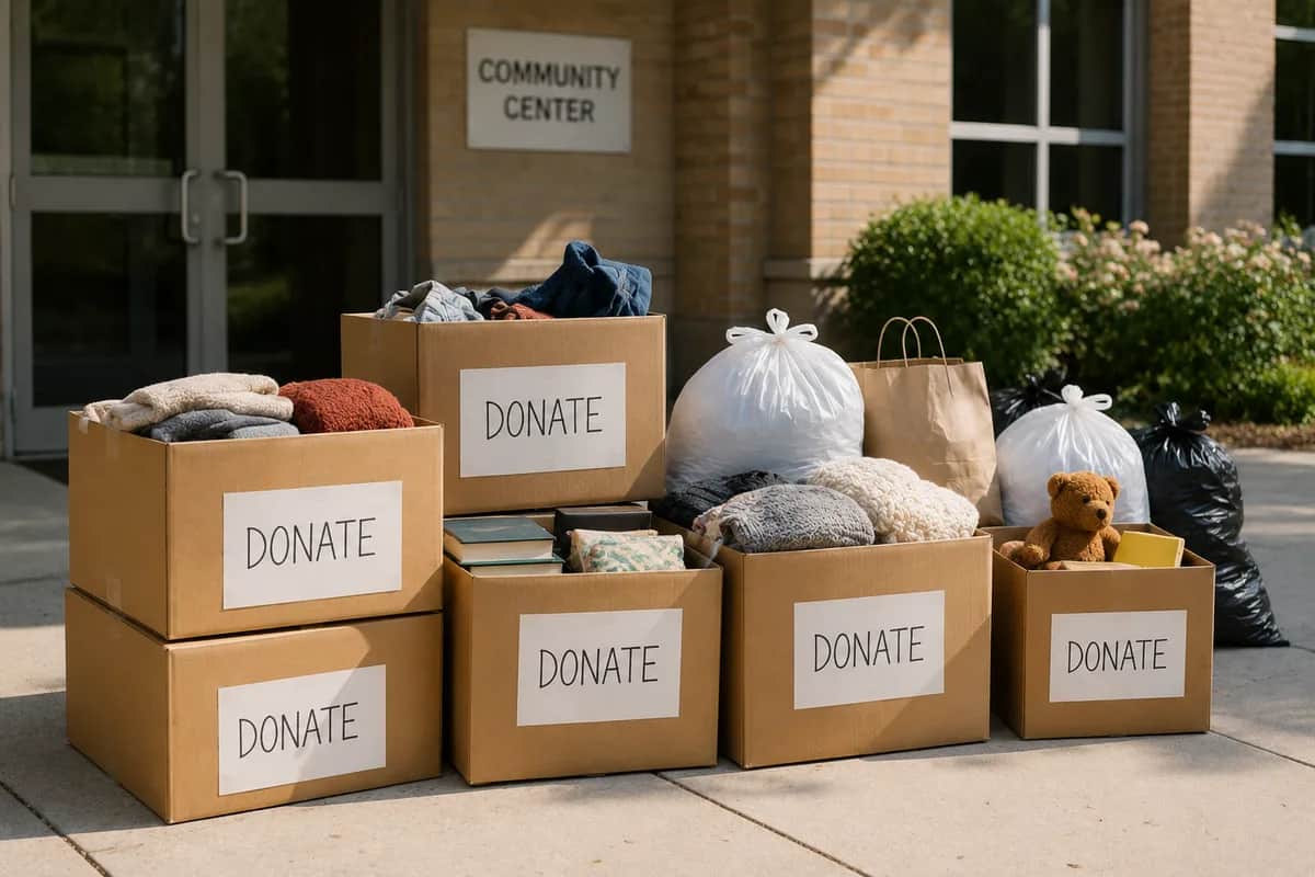 Cardboard boxes labeled DONATE organized neatly on a sidewalk in front of a community building